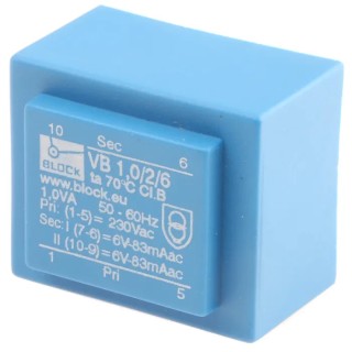 Block 6 V AC 2 Output Solder PCB Transformer 1 VA, CSA 22.2, VDE 0570/EN 61558, EN 61558-2-1, EN 61558-2-6, UL 506 VB 1.0/2/6