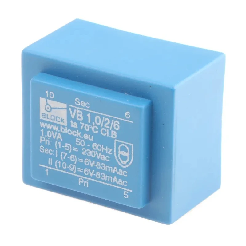 Block 6 V AC 2 Output Solder PCB Transformer 1 VA, CSA 22.2, VDE 0570/EN 61558, EN 61558-2-1, EN 61558-2-6, UL 506 VB 1.0/2/6