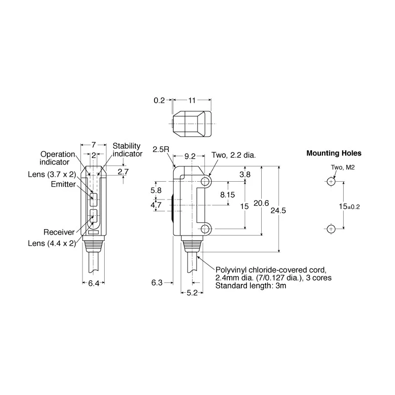 Omron Retroreflective Photoelectric Sensor Block Style Detection Range 5 mm to 30 mm PNP Output IP67 E3T-SL23 2M