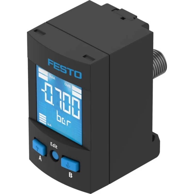 Festo Pneumatic Pressure Sensor IP65 IP67 10 bar 30V DC Operating Temperature 0-50°C SPAU-P10R-T-R14M-L-PNLK-PNVBA-M8D