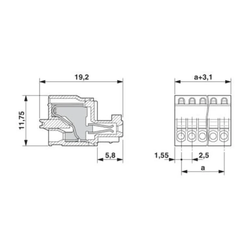 Phoenix Contact FK-MC 0.5/5-ST-2.5 Series Pluggable Terminal Block, 5-Contact, 2.5 mm Pitch, 20A, Polyamide Housing 1881354
