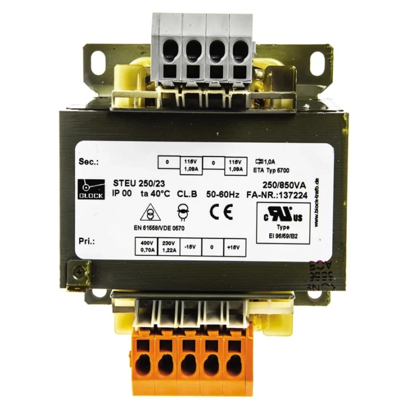 Block 2 Output 250 VA Chassis Mount Transformer, 2 x 115 V ac, IEC 61558-2-2, UL 5085-1/-2, CSA 22.2 No.66, DIN EN STEU250/23