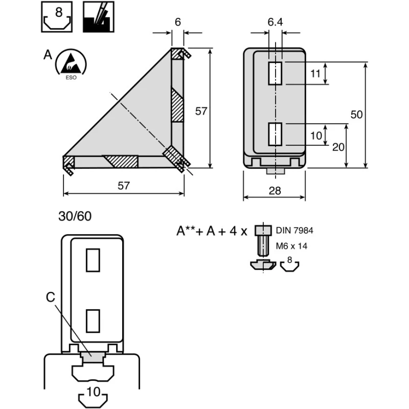 Bosch Rexroth M8 Angle Bracket Connecting Component Strut Profile 45 mm Groove Size 10 mm 3842523570