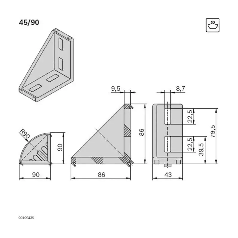 Bosch Rexroth Black Polypropylene 45 x 90 mm Strut Profile with 10 mm Groove 3842548865