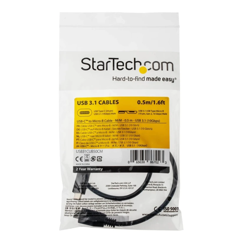 StarTech.com USB 3.1 High-Speed Male USB 3.2 Type C to Male Micro USB Type B Cable, Black PVC Jacket, 500mm USB31CUB50CM