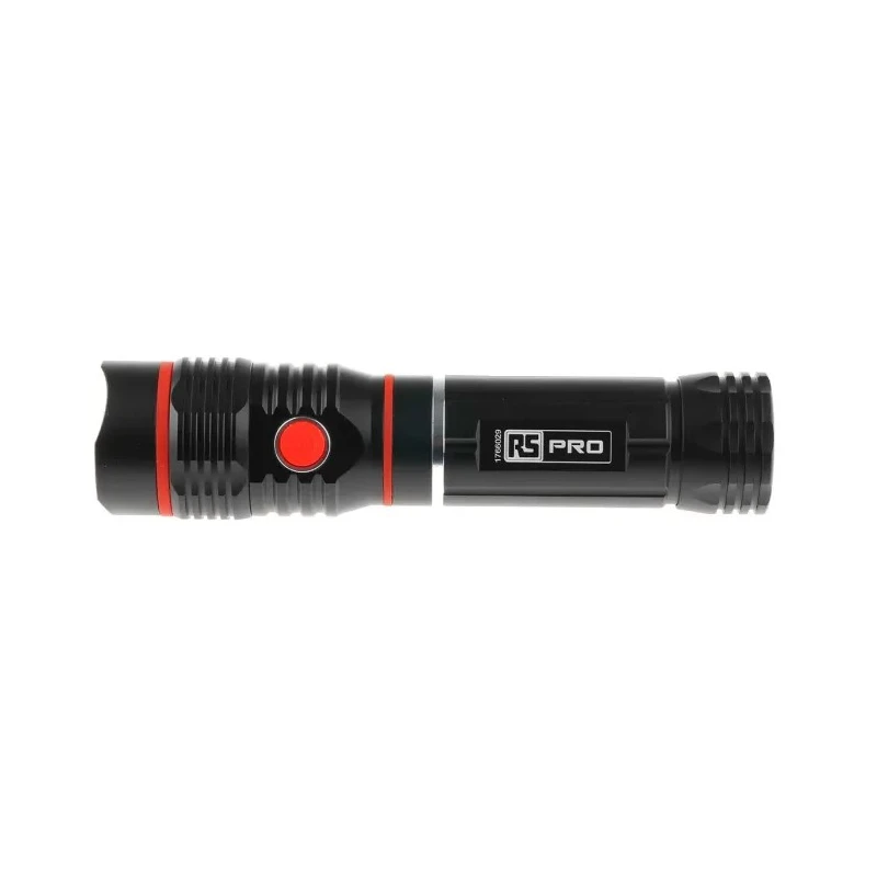 RS PRO LED Torch Black 250 Lumen Aluminium Body 167 mm Length Model 176-6029