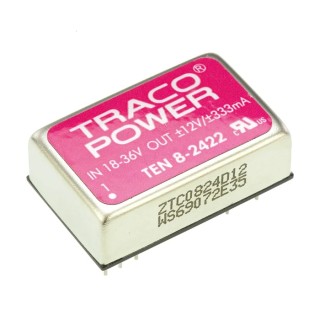 TRACOPOWER TEN 8 DC/DC Converter 12V, -12V, 335mA, 18-36V Input, 8W, PCB Mount, DIP-24, 85°C Max Temperature TEN 8-2422
