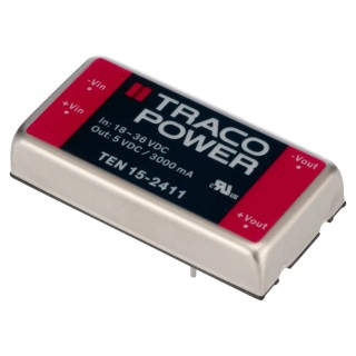 TRACOPOWER DC/DC Converter, 5 V DC Output, 3 A Current, 18-36 V DC Input, 15 W Power, Shielded Metal Case with TEN 15-2411