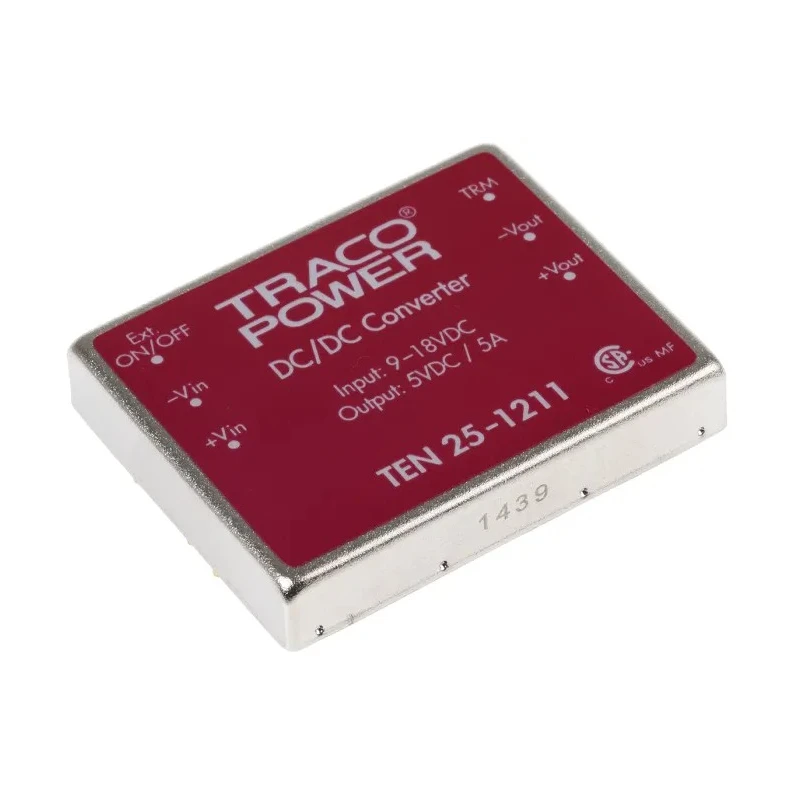 TRACOPOWER 25W Regulated Isolated DC/DC Converter, 5V DC Output, 5A, 9-18V DC Input, Shielded Metal Case, 7-Pin TEN 25-1211