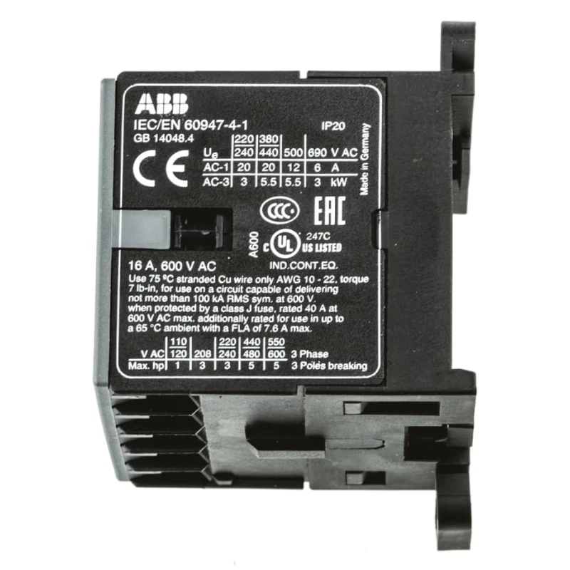 ABB B7 Series Mini Contactor, 24V AC Coil, 3-Pole, 20A Current, 690V AC Contact Voltage, 5.5 kW GJL1311001R0101 B7-30-10-01