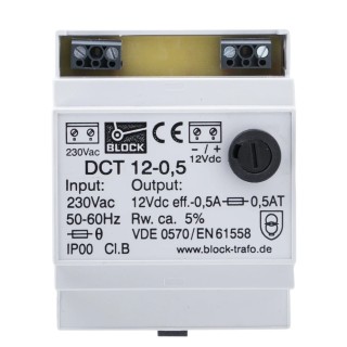 Block Safety Isolating Transformer DIN Rail Power Supply 230V AC Input 12V DC 500mA Output 6.00W DCT12-0.5