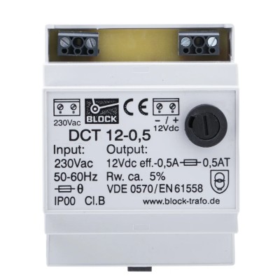 Block Safety Isolating Transformer DIN Rail Power Supply 230V AC Input 12V DC 500mA Output 6.00W DCT12-0.5