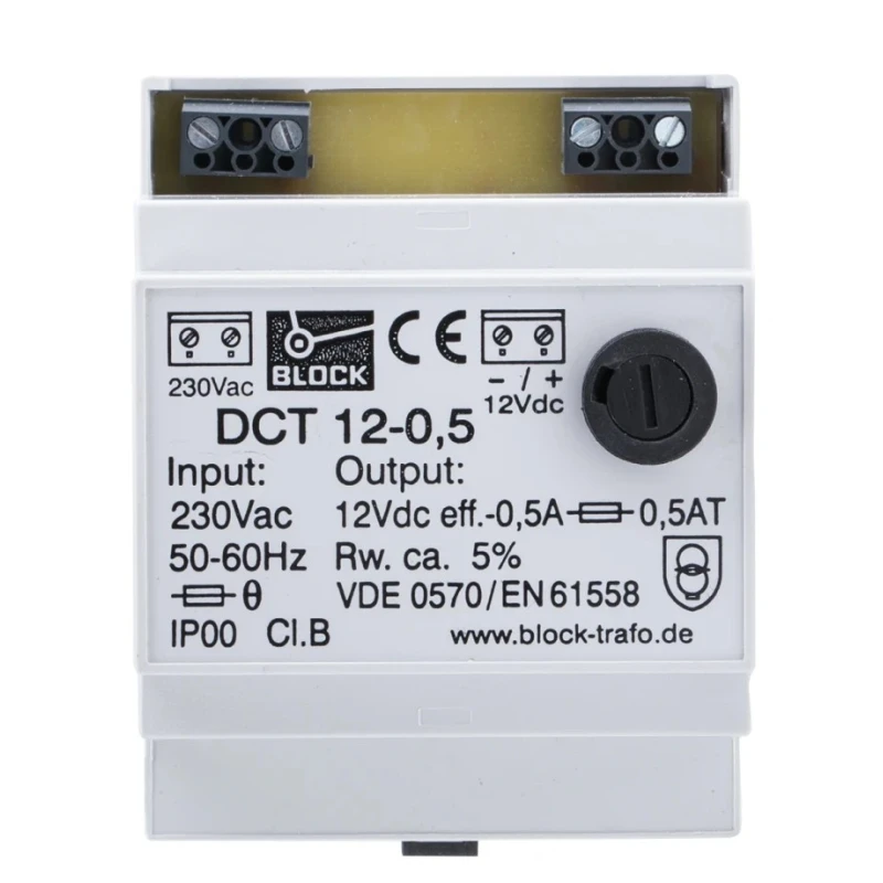 Block Safety Isolating Transformer DIN Rail Power Supply 230V AC Input 12V DC 500mA Output 6.00W DCT12-0.5