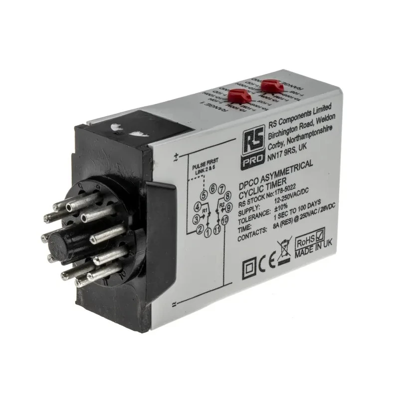 RS PRO UNI Series Multi-voltage Timer Relay, 11-Contact, DPDT Switch, 12 to 250 V dc, 12V/240 V ac, 0.1 s to 100 178-5022