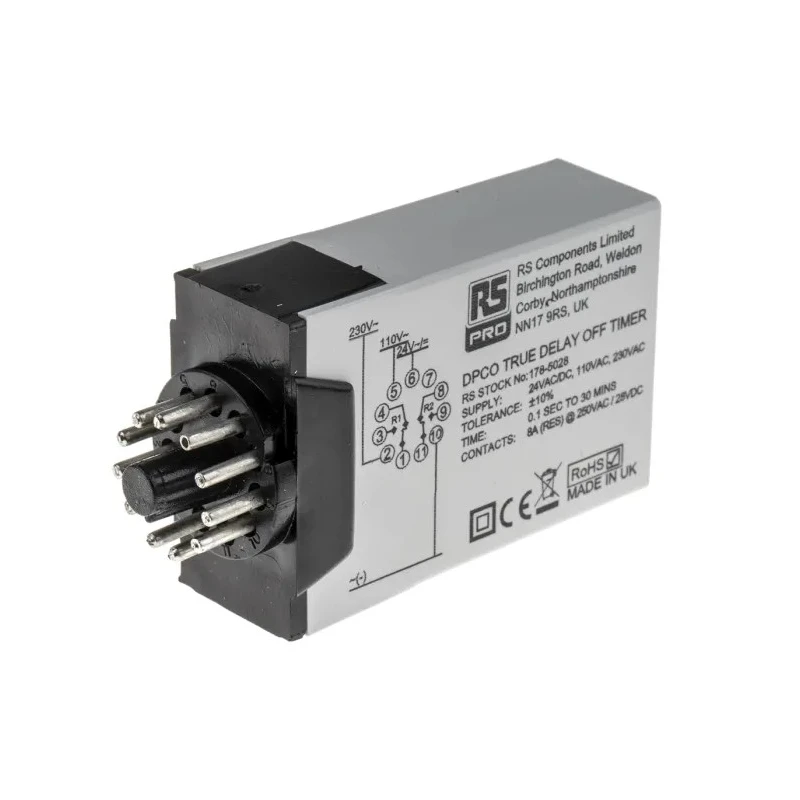 RS PRO UNI Series Timer Relay, 11-Contact, 12 to 240 V DC, 12 V AC, 240 V AC, 0.1 s to 30 min, 1 Function, DPDT 178-5028