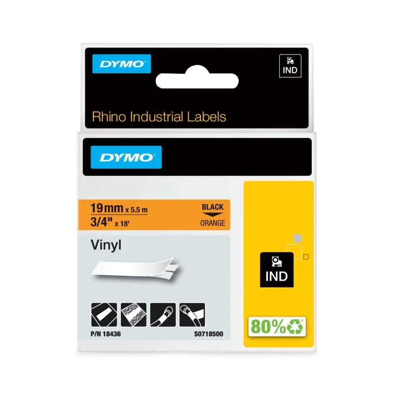 Dymo Industrial Strength Black on Orange Label Printer Tape, 19 mm Width, 5.5 m Length 18436