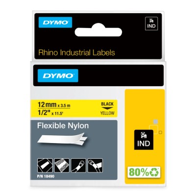 Dymo Black on Yellow Industrial Rhino Flexible Nylon Label Printer Tape, 12 mm Width, 3.5 m Length, Black Print 18490