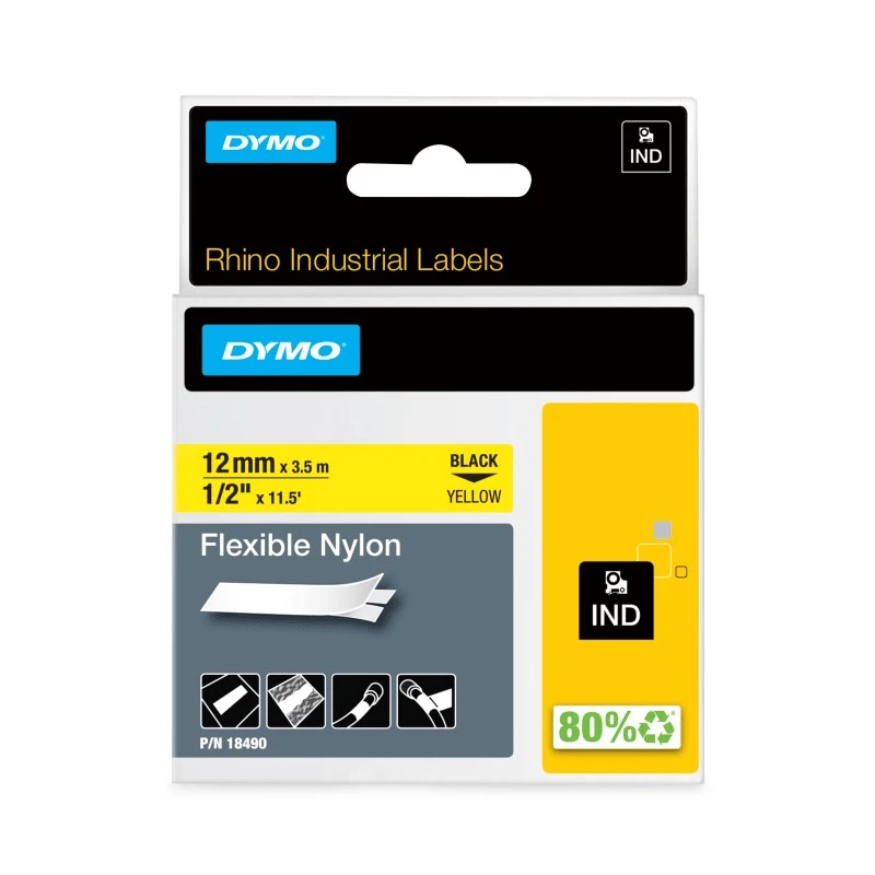 Dymo Black on Yellow Industrial Rhino Flexible Nylon Label Printer Tape, 12 mm Width, 3.5 m Length, Black Print 18490