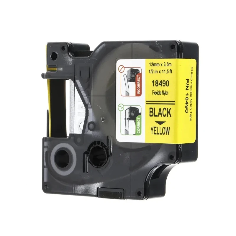 Dymo Black on Yellow Industrial Rhino Flexible Nylon Label Printer Tape, 12 mm Width, 3.5 m Length, Black Print 18490