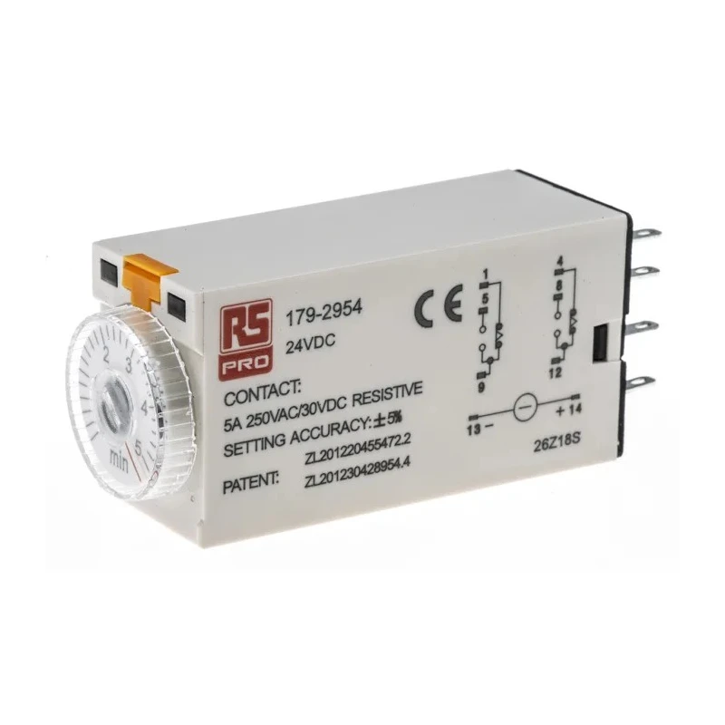 RS PRO TKB Series Timer Relay, 2-Contact, 24 V dc AC Voltage, 0.2 to 5 Min Time Range, 1-Function, DPDT Contact 179-2954