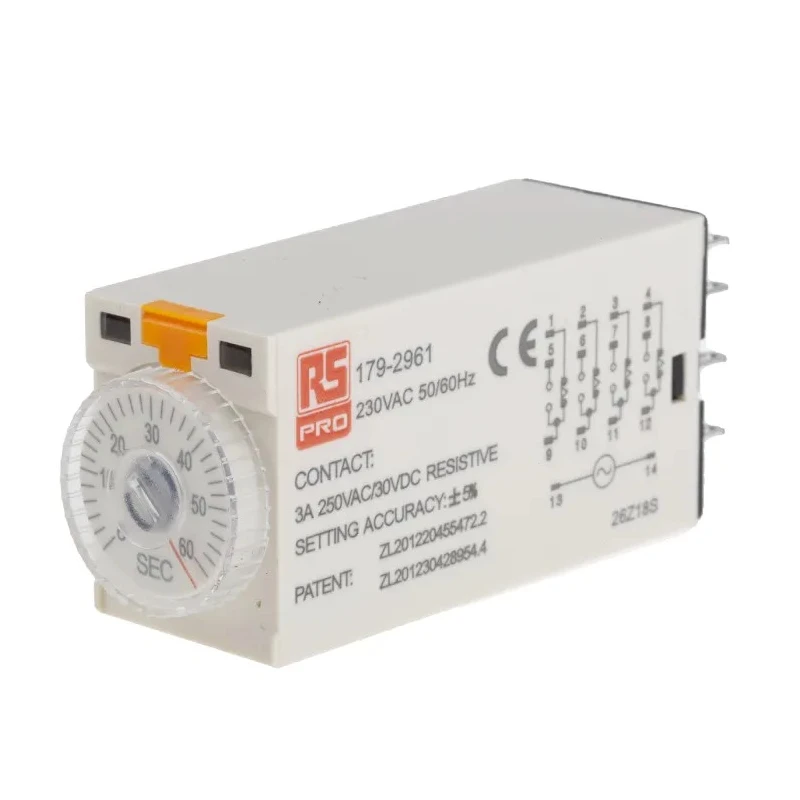 RS PRO TKB Series Timer Relay 4-Contact 230V AC 2 to 60 s 1-Function 4PDT 14-Pin Dial ON Delay 179-2961