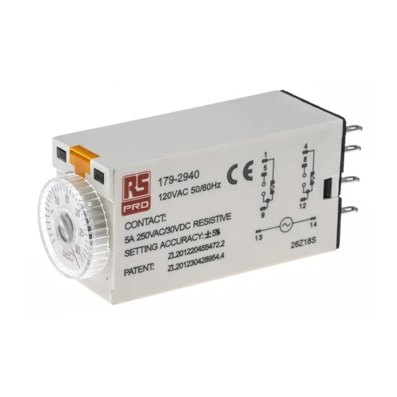 RS PRO Plug-In Timer Relay Series Timer Relay 2-Contact 110 V ac, 0.2 s to 5 min, 1-Function, DPDT Switch 179-2940