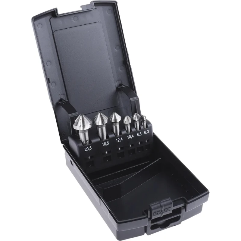 EXACT High Speed Steel Countersink Drill Bit Set 3 Flute 90° Angle 6 Pieces 10mm Shank Diameter 05527