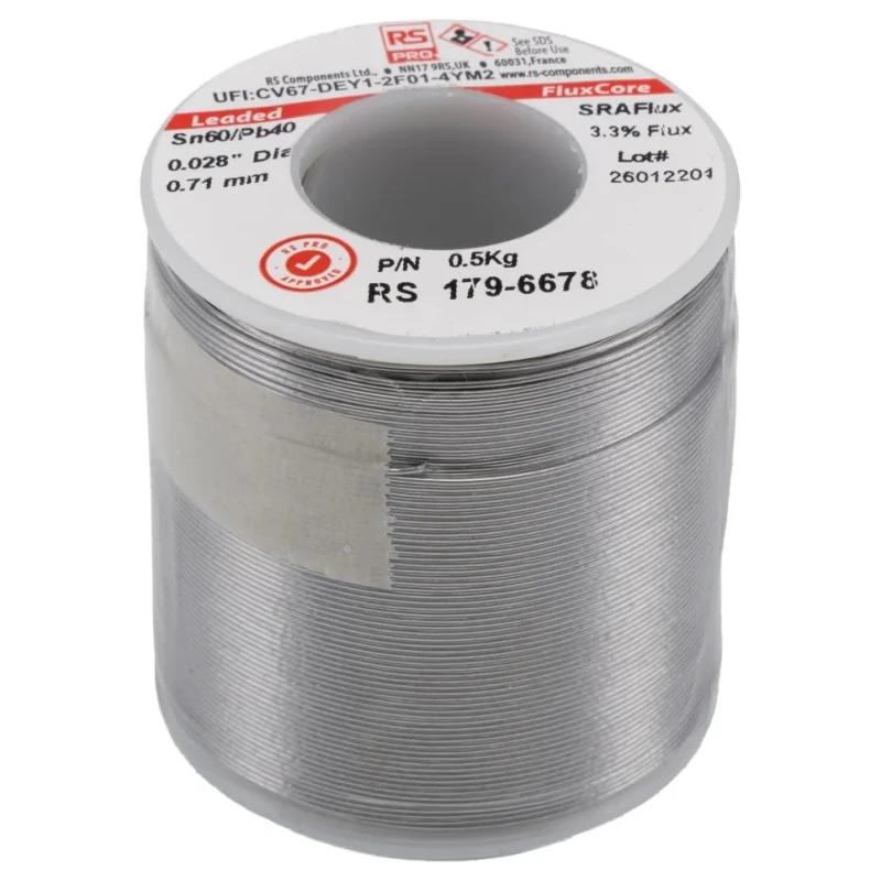 RS PRO Lead Solder Wire 0.7 mm Diameter, 40% Lead, 60% Tin, Rosin Flux Core, 183°C Melting Point 179-6678
