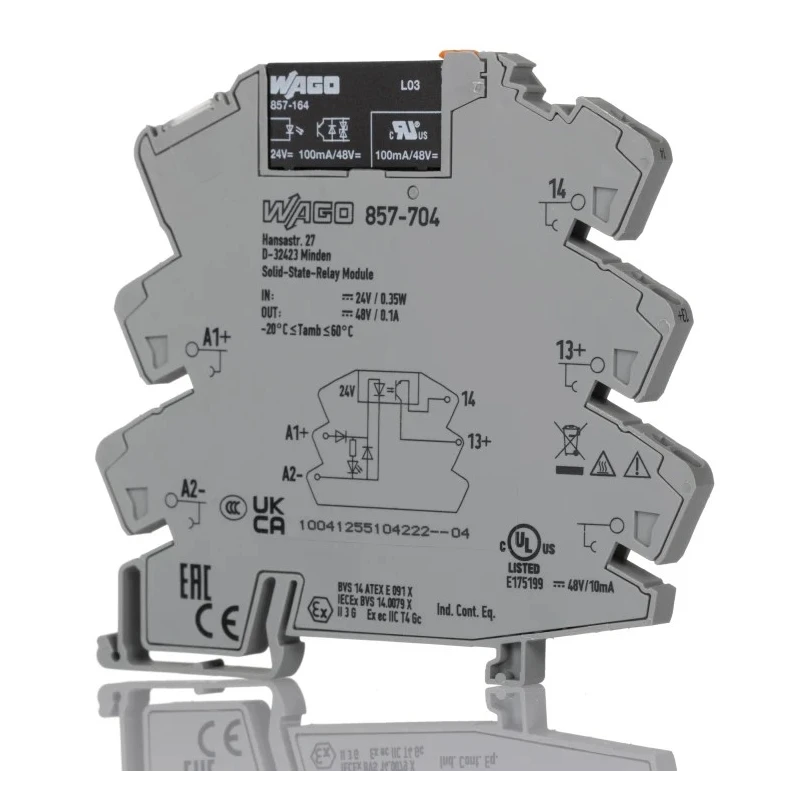 WAGO Solid State Relay 0.1 A Load, DIN Rail Mount, 48 V DC Load, 30 V DC Control 857-704