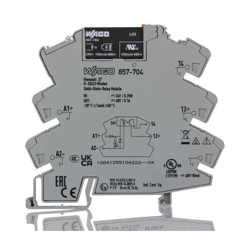 WAGO Solid State Relay 0.1 A Load, DIN Rail Mount, 48 V DC Load, 30 V DC Control 857-704