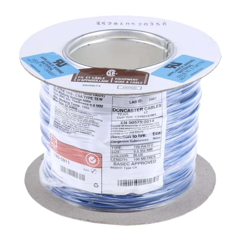 RS PRO Blue Hook Up Wire 22 AWG 16 x 0.2 mm Core Strands 100m Polyvinyl Chloride Jacket 180-5911