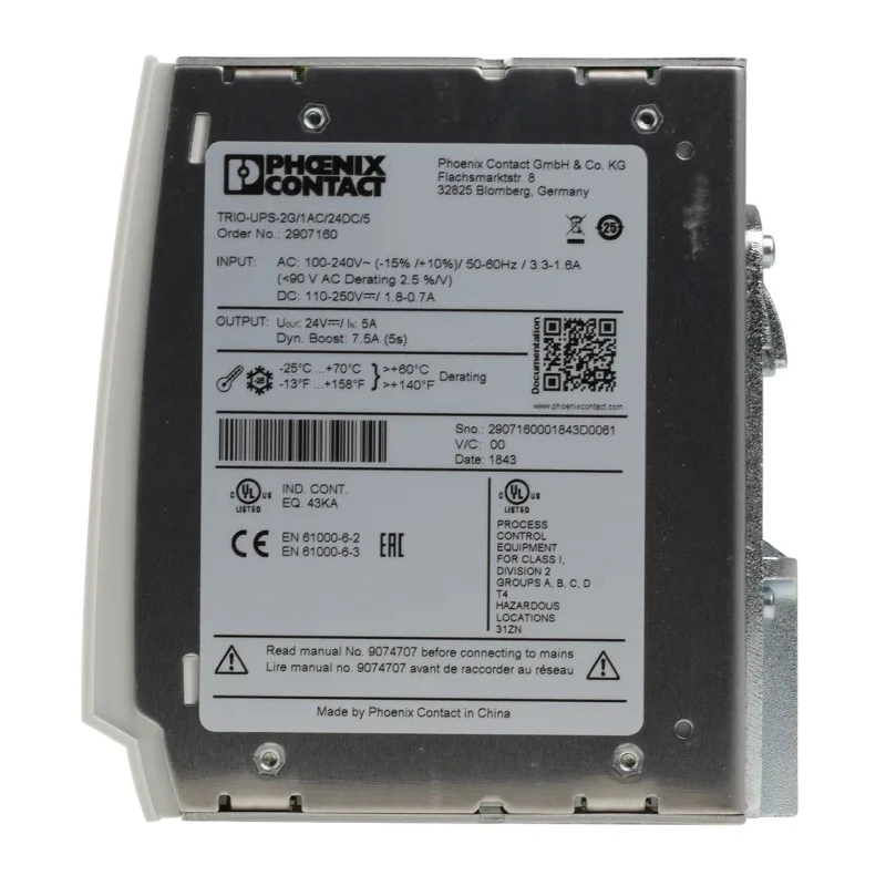 Phoenix Contact Uninterruptible Power Supply 24V DC 100-240V AC Input 120W DIN Rail Mount TRIO-UPS-2G/1AC/24DC/5 2907160