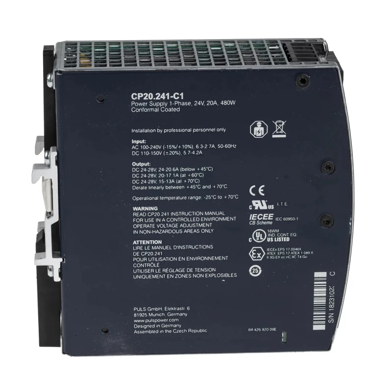 PULS CP DIN Rail Power Supply 1 Phase 24V DC, 20A Output, 480W Power, IP20, Czech Republic CP20.241-C1