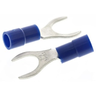 RS PRO AVY Insulated Crimp Spade Connector 16 AWG to 14 AWG, M8 Stud Size, Vinyl Insulation, Blue 613-9558