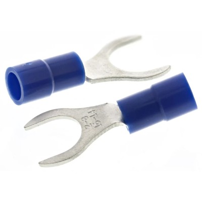 RS PRO AVY Insulated Crimp Spade Connector 16 AWG to 14 AWG, M8 Stud Size, Vinyl Insulation, Blue 613-9558