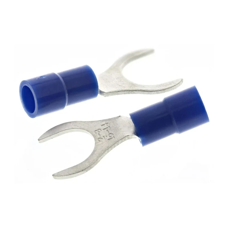 RS PRO AVY Insulated Crimp Spade Connector 16 AWG to 14 AWG, M8 Stud Size, Vinyl Insulation, Blue 613-9558