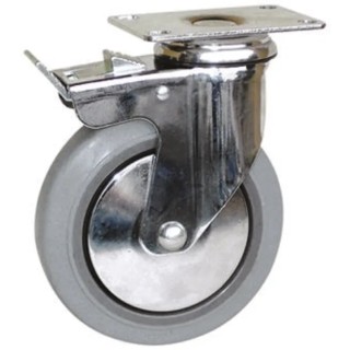 Guitel Hervieu Braked Swivel Castor with 100 mm Rubber Wheel, 80 kg Capacity, Chrome Plated Steel Frame 165311420