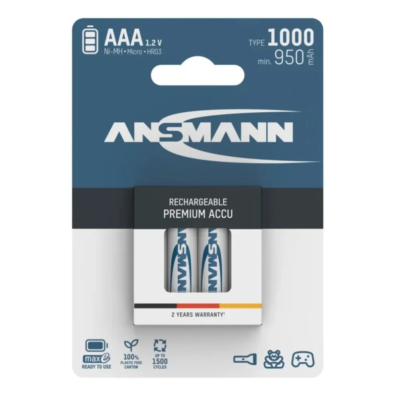 Ansmann Rechargeable Nickel Metal Hydride AAA Battery 1 Ah Capacity 1.2 V Voltage 5030882