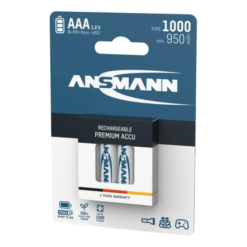 Ansmann Rechargeable Nickel Metal Hydride AAA Battery 1 Ah Capacity 1.2 V Voltage 5030882
