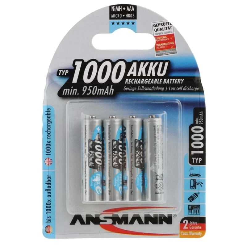 Ansmann Rechargeable Nickel Metal Hydride AAA Battery 1 Ah Capacity 1.2 V Voltage 5030882