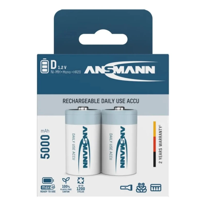 Ansmann NiMH Rechargeable D Battery 1.2V 5Ah 32.8mm Diameter IEC Standard Terminal 5030922