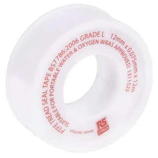 RS PRO White PTFE Tape 12 m x 12 mm x 0.075 mm Chemical Resistant Thread Seal Tape 183-3490