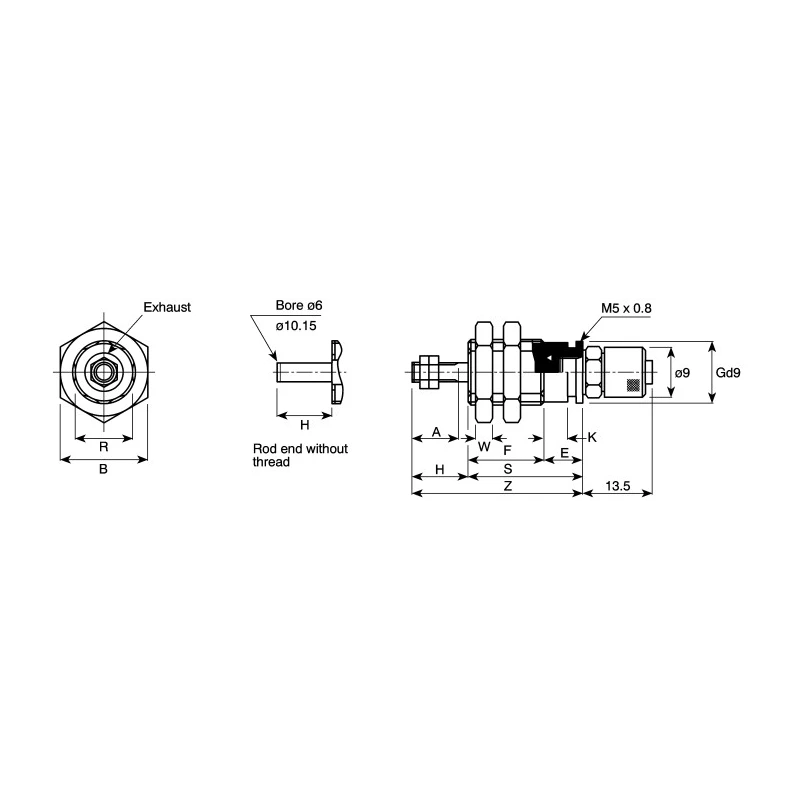 SMC 5 mm Pneumatic Piston Rod Cylinder Panel Mount Brass Body Single Acting CJPB6-5H6Z