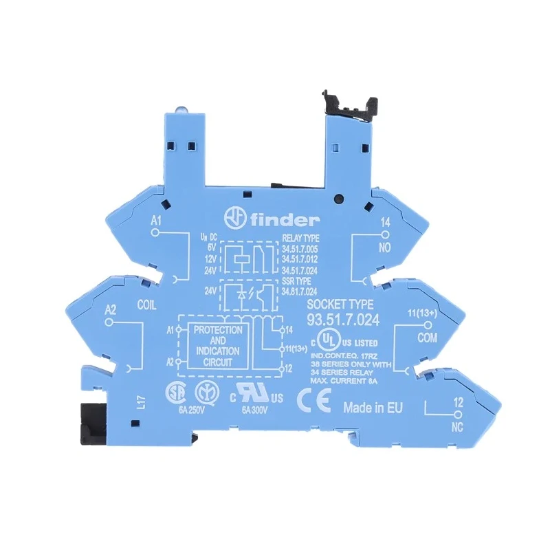 Finder Relay Socket 12V DC 6A 5 Contacts DIN Rail Mount for 34.51 Series Relay 93.51.7.024