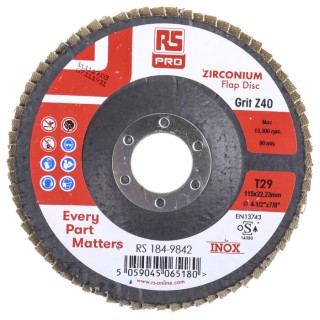 RS PRO Zirconium Flap Disc, 115 mm Diameter, Coarse Grade, 5 Grit, Quick Change Attachment, Pack of 5 184-9842
