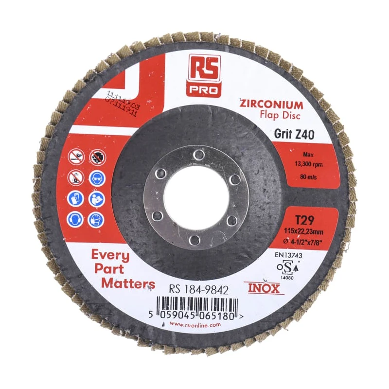 RS PRO Zirconium Flap Disc, 115 mm Diameter, Coarse Grade, 5 Grit, Quick Change Attachment, Pack of 5 184-9842