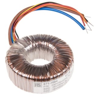RS PRO 230 V ac 2 x 25 V ac Toroidal Transformer 2 Output 80 VA, VDE0570 Class II, IEC 61558 Class II, EN 61558 671-8984