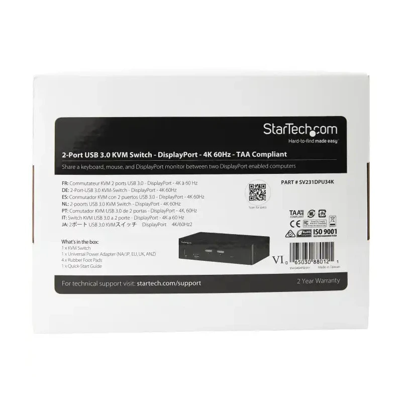 StarTech.com 2 Port 1 Display USB DisplayPort KVM Switch 3.5 mm Stereo Audio 3840 x 2160 Pixel Maximum Resolution SV231DPU34K