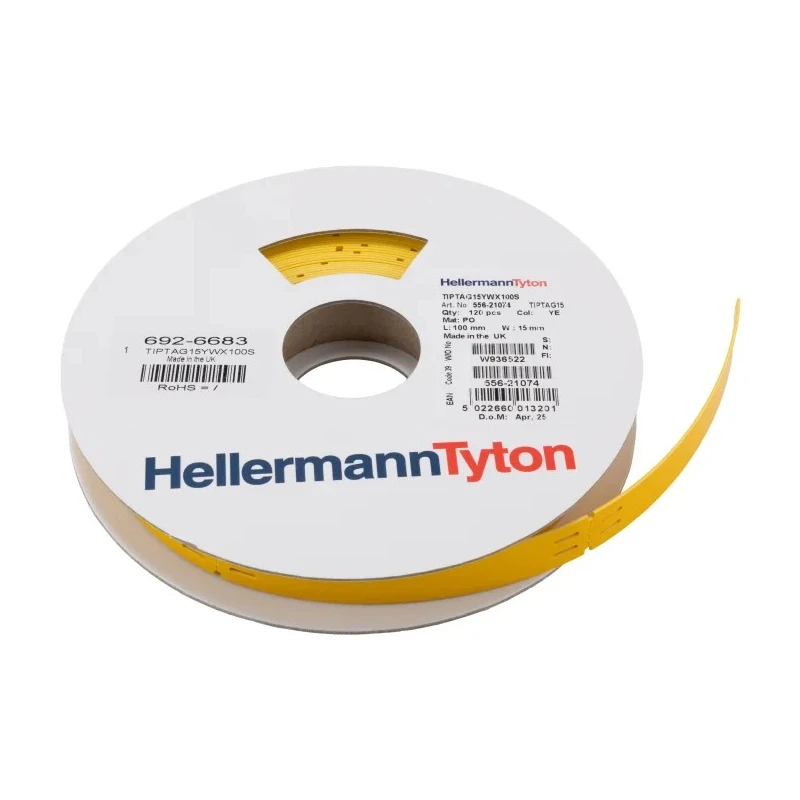 HellermannTyton Yellow Print Polyolefin Cable Labels, 15 mm Width x 100 mm Length, 120 Per 556-21074 TIPTAG15X100YE-PO-YE