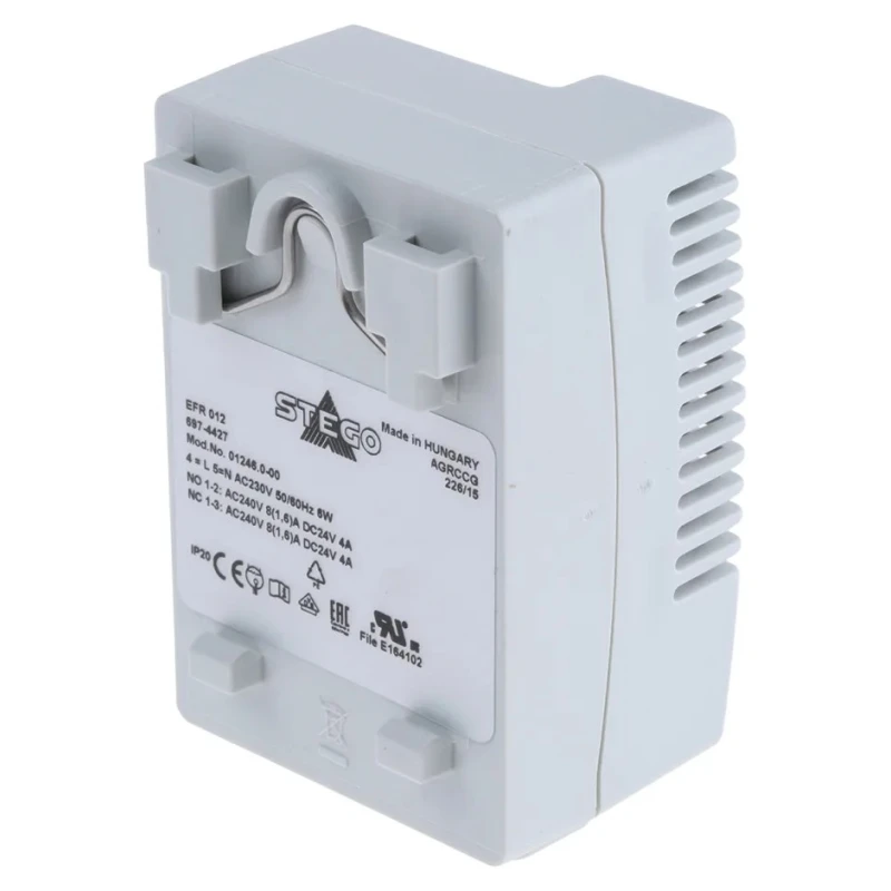 STEGO Adjustable Hygrostat, DIN Rail Mount, 240V AC, IP20, 40%–90%RH Humidity Range 01246.0-00